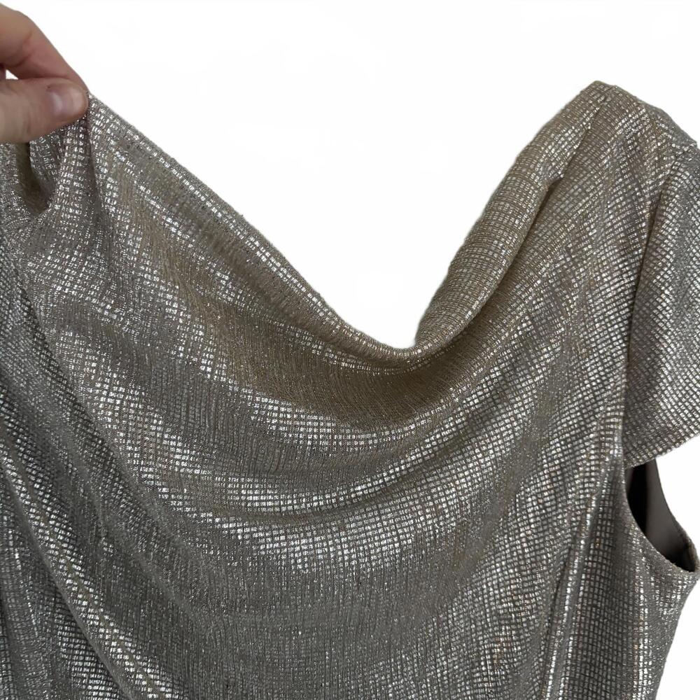 Tahari | Metallic Silver Gold Shimmer Cap Sleeve Sash Dress Size 14 - Picture 3 of 9